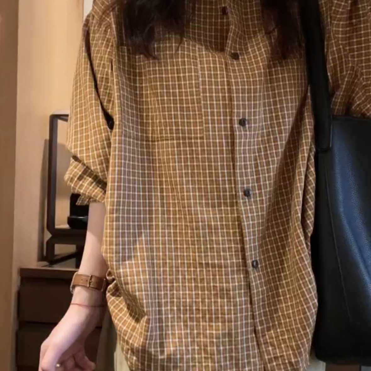 韩系宽松慵懒棕色长袖格子衬衫女款2026新款衬衣外套休闲百搭上衣
