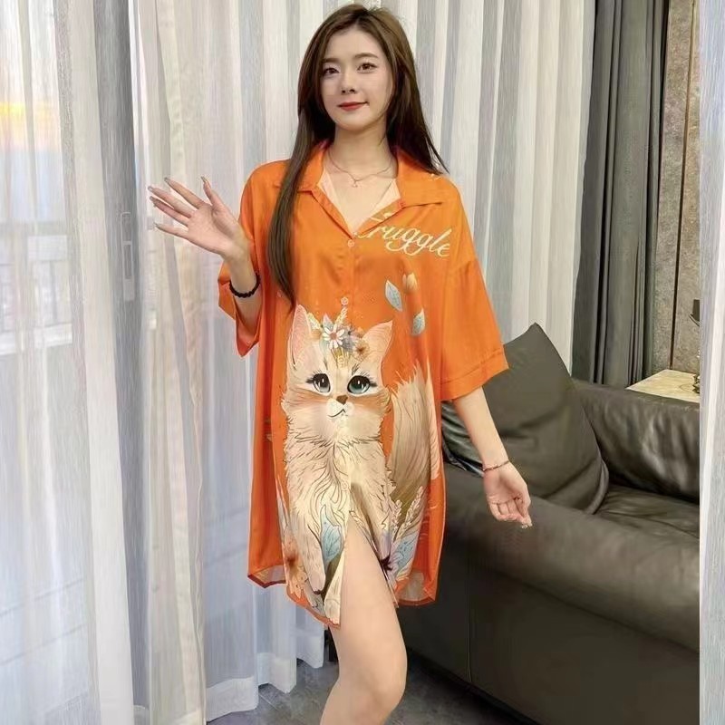 谜粉女装冰丝睡衣女夏季薄款性感睡衣V领睡衣裙短袖家居服可外穿