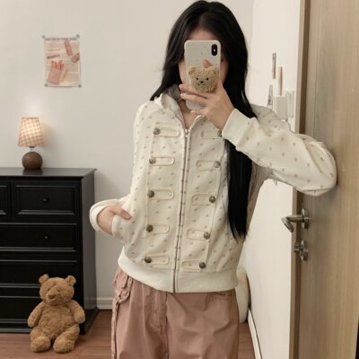 实拍韩系华夫格双排扣外套女早秋碎花拿破仑小众短款开衫