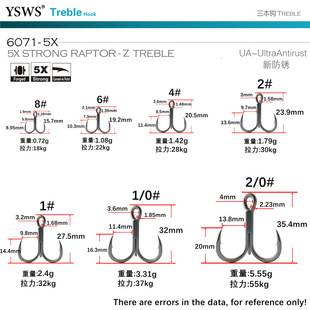 YSWS铁板路亚鱼钩RAPTOR Hook大物海钓6071 Z三本钩Treble
