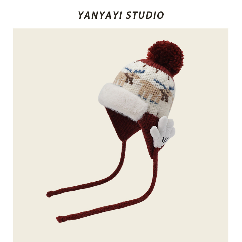 可爱米奇手掌驯鹿提花针织毛线帽