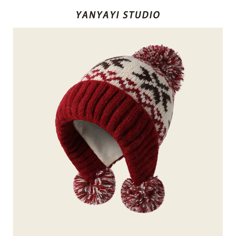 加绒加厚毛球提花针织毛线帽子女秋冬保暖防寒护耳帽大头围套头帽,服饰配件/皮带/帽子/围巾,帽子,淘宝优惠券,粉丝福利购,淘宝优惠卷