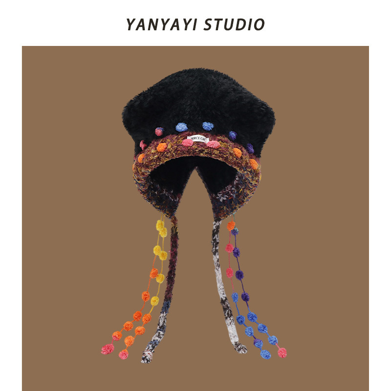 韩版彩色绑带小熊耳朵毛绒帽