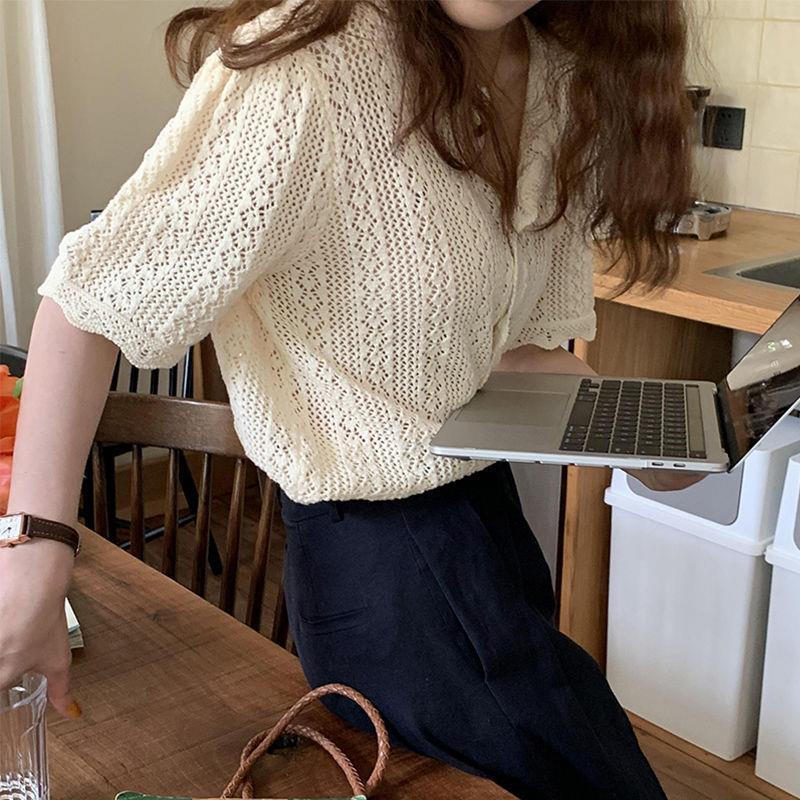 仿冰丝短袖针织衫女开衫2025年夏季新款小众设计感镂空上衣薄款
