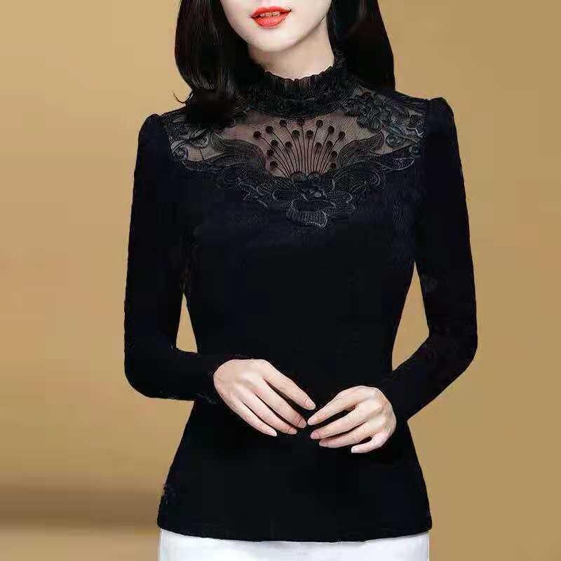 봄과 여름 얇은 레이스 바닥 셔츠 여성 긴팔 레이스 셔츠 슬림 긴팔 플러스 사이즈 티셔츠 플러스 플리스 탑 파티