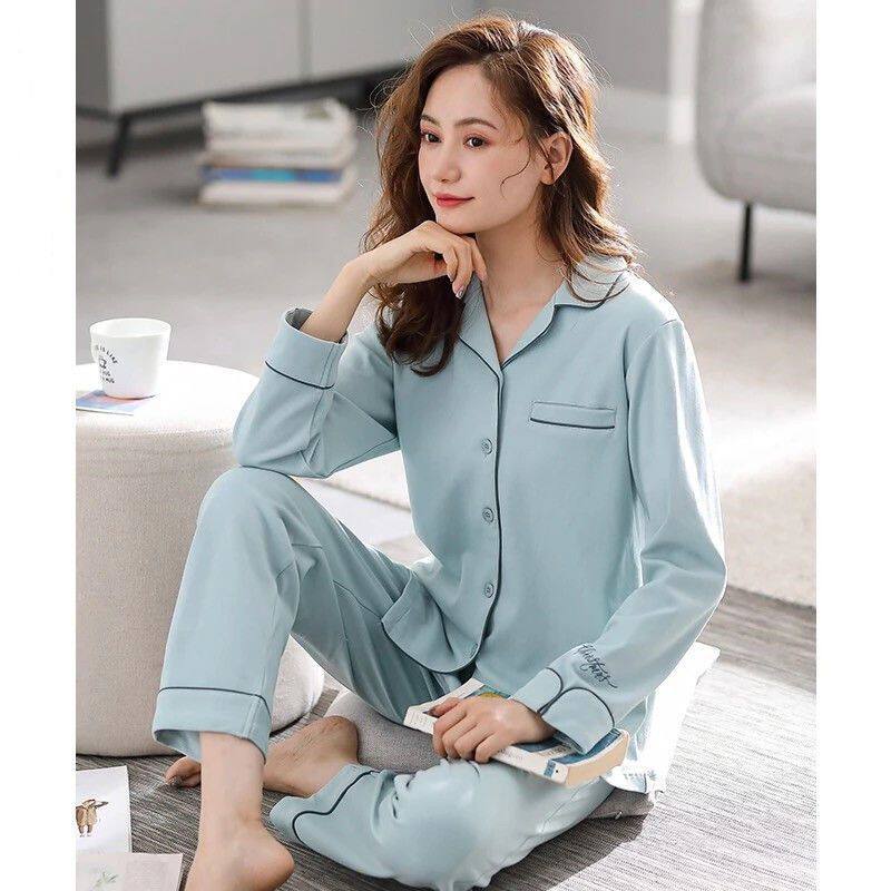 睡衣女士秋冬季100 纯棉长袖睡衣/家居服套装