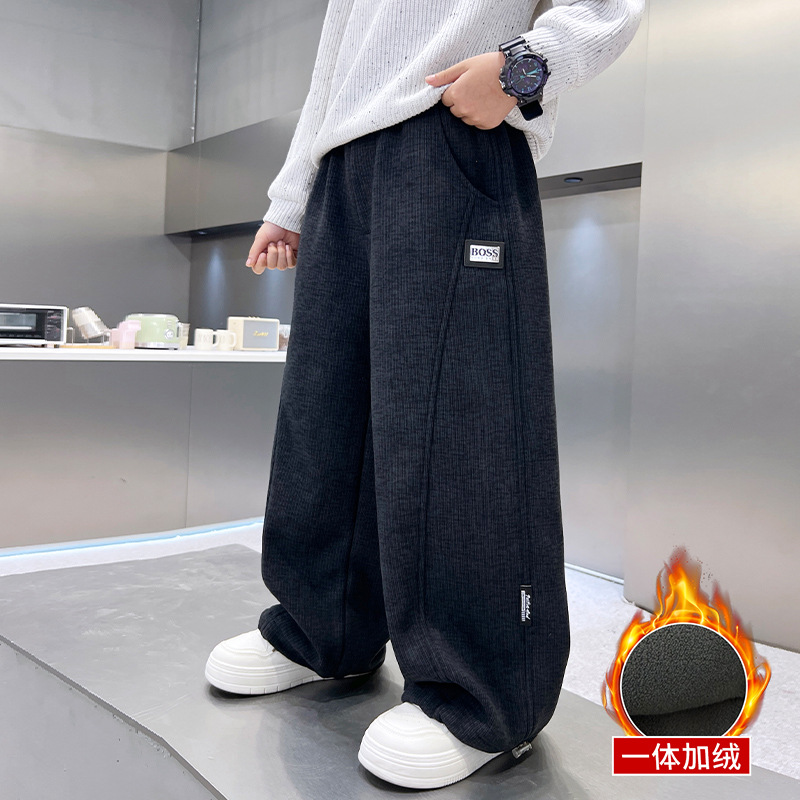 男童裤子加绒休闲裤冬装2025新款大童秋冬季一体绒直筒运动裤13岁