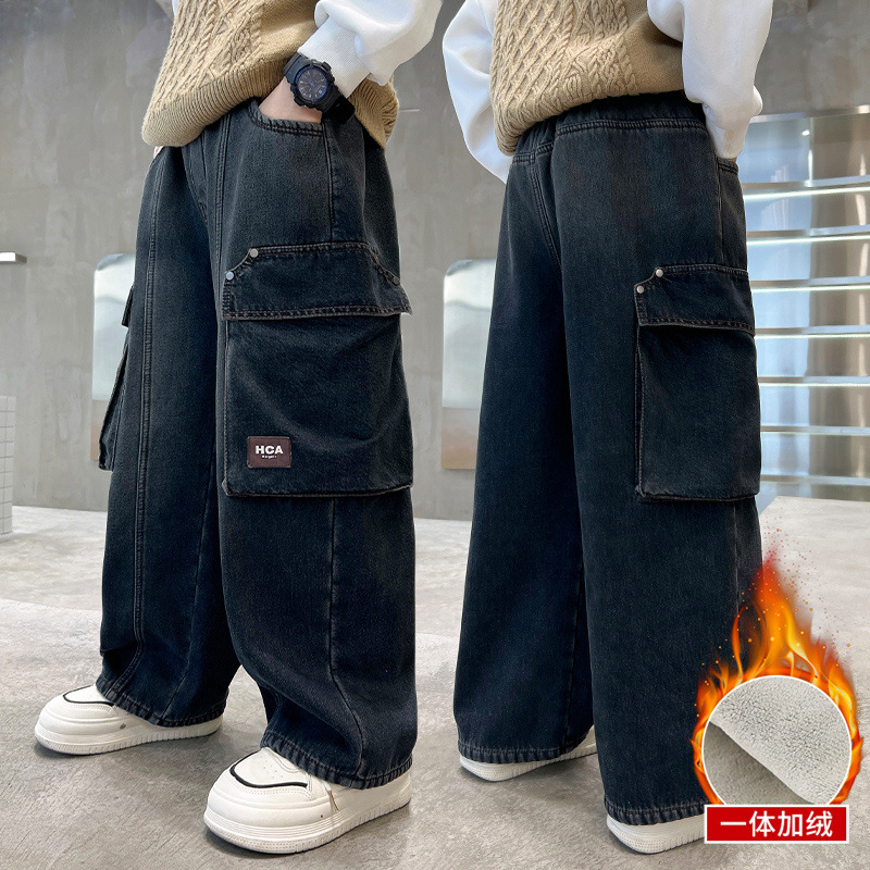 男童秋冬款牛仔裤2025新款冬季加绒加厚工装裤中大儿童男孩冬装潮