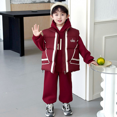 男童痞帅加绒马甲卫衣三件套秋冬款2025新款儿童加厚冬装运动套装