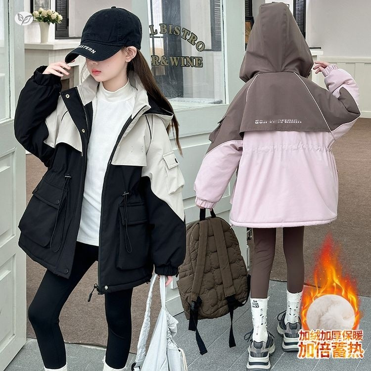 女童加厚冲锋衣2025年秋冬新款中大童工装风撞色派克服大口袋外套