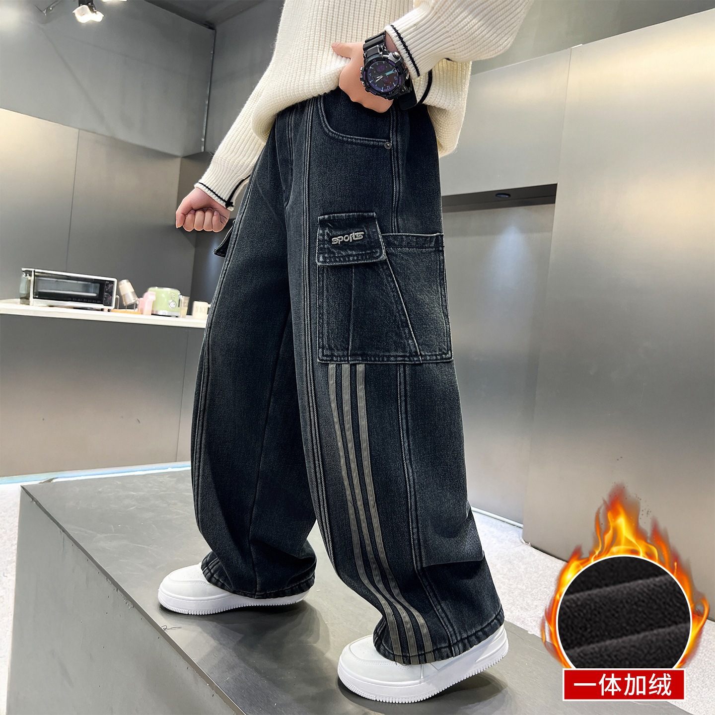 儿童装男童加绒裤子秋冬2025新款保暖中大童男孩冬装牛仔裤加厚潮