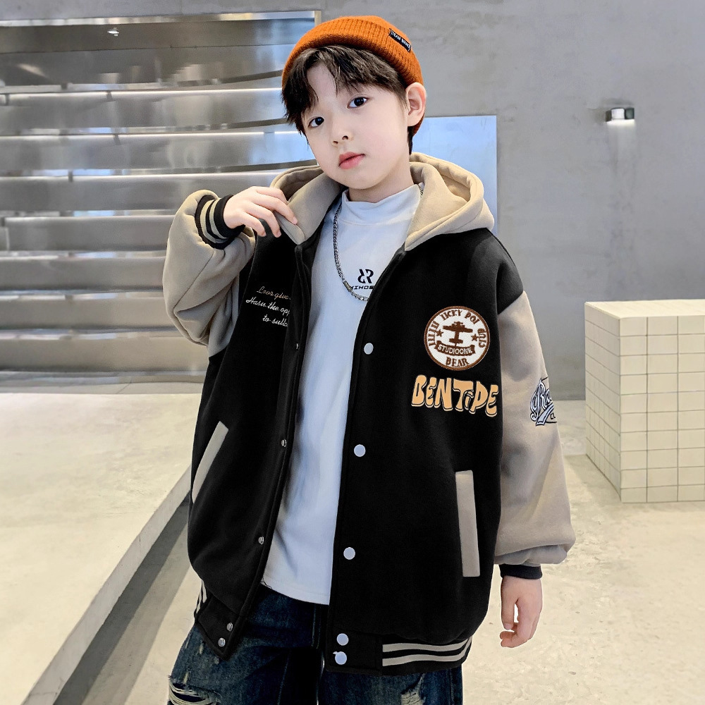 男童秋冬款夹棉外套2025新款中大童冬装儿童冬季加厚连帽棒球服潮