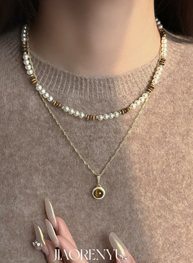 鲛人语/秋日华尔兹 原创美拉德虎眼石珍珠项链咖色轻奢气质毛衣链