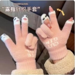 秋冬季新款保暖毛线针织露指骑行手套女士可爱学生大童写字加厚男