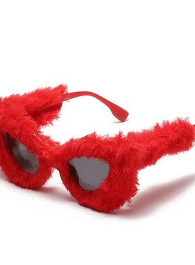 安可拉红色猫眼墨镜y2k辣妹写真拍照道具毛绒眼镜男女派对太阳镜