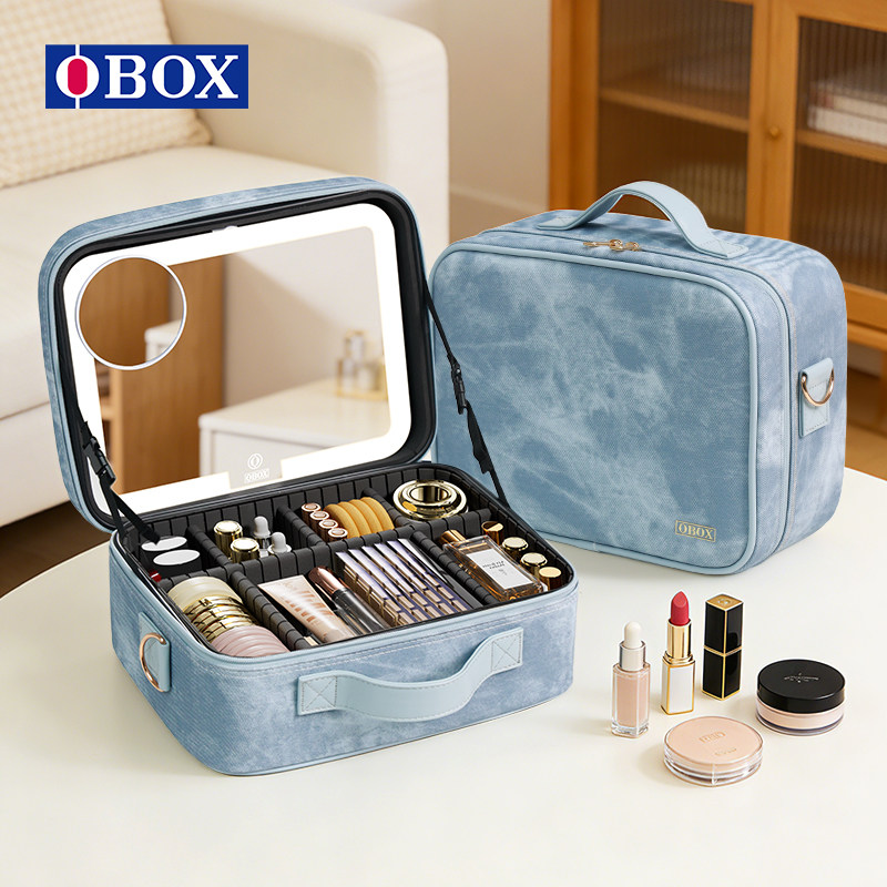 OBOX带镜子化妆包新款2026分区收纳可挂行李箱出行便携复古牛仔风