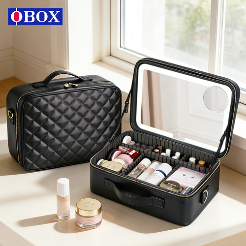 OBOX格纹经典黑色新款便携化妆包