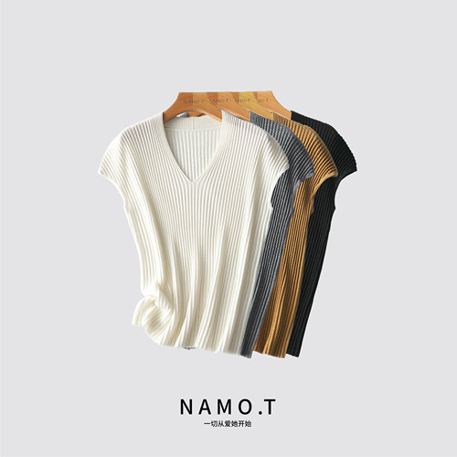 【汤曼妮粉丝专享】NAMO.T桑蚕丝V领三宅工艺短袖针织衫NH511C313