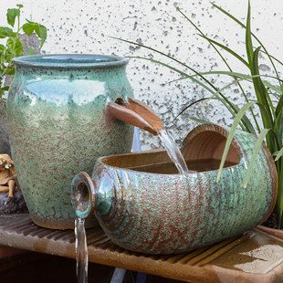 覆古流水陶罐摆件循环水古法鱼缸鱼池造景全套生态瀑布过滤器养鱼