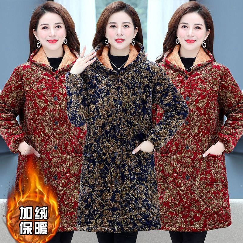 四川省服妈妈冬季连帽罩衣加厚加绒中老年女外穿防寒耐脏棉衣外套