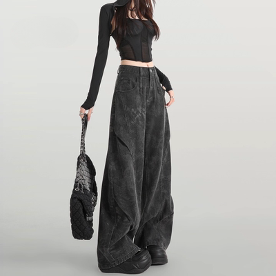 印花设计感黑灰色工装裤女