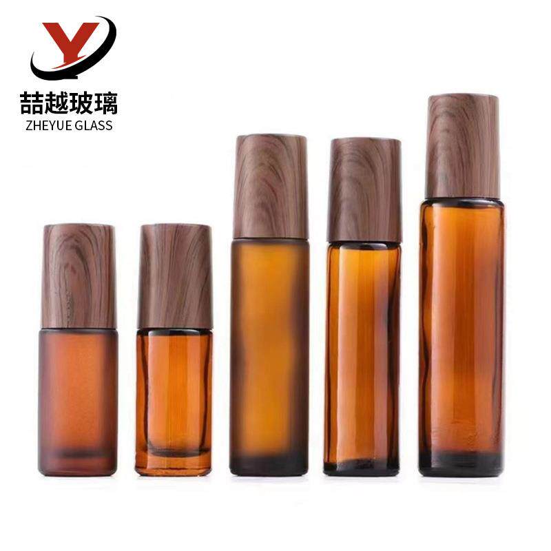 现货10ml茶色滚珠瓶15ml木纹盖按摩走珠瓶化妆品香水精油分装瓶