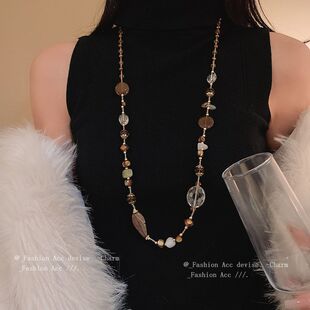 不规则汉白玉玛瑙串珠项链民族风复古秋冬毛衣链小众时尚设计项饰