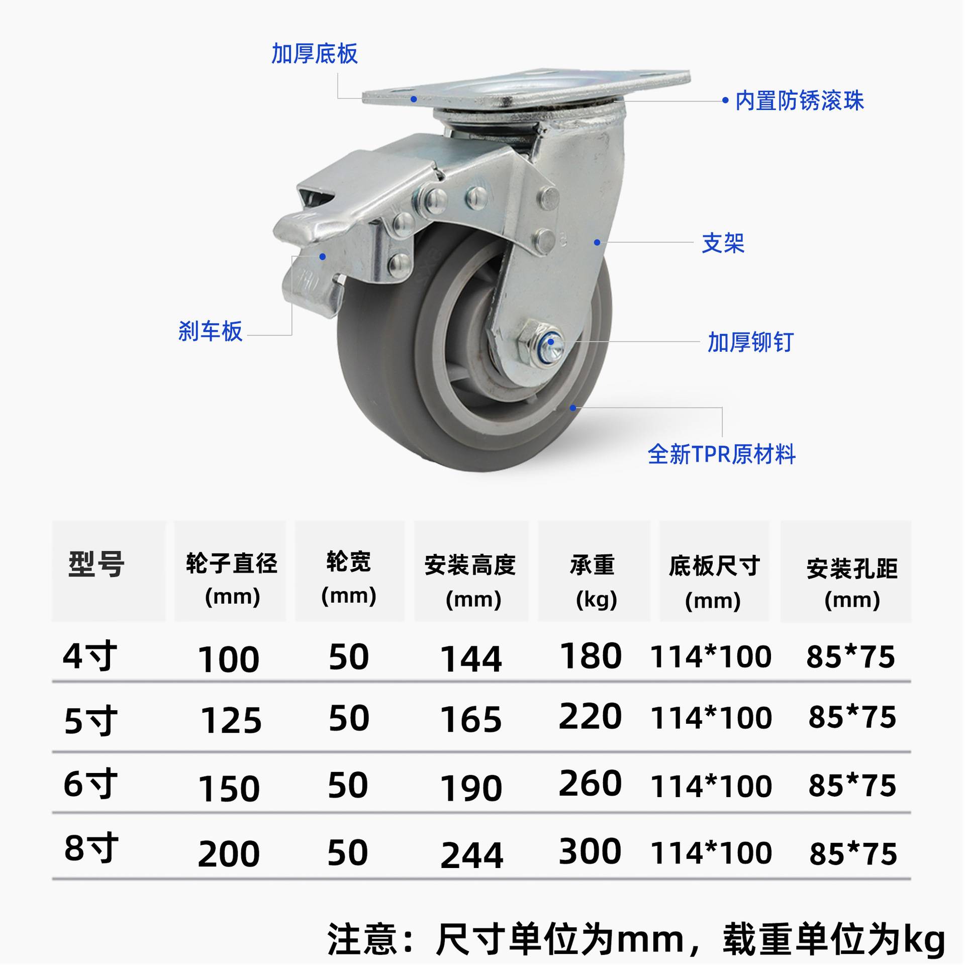 重型橡胶轮4寸5寸6寸8寸tpr实心双轴承工作车万向脚轮双轴承脚轮