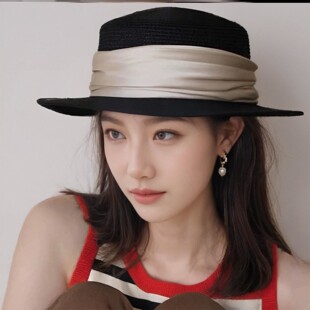 赫本风轻法式复古黑色小礼帽缎面平顶平檐草帽宽檐遮阳帽男女夏季