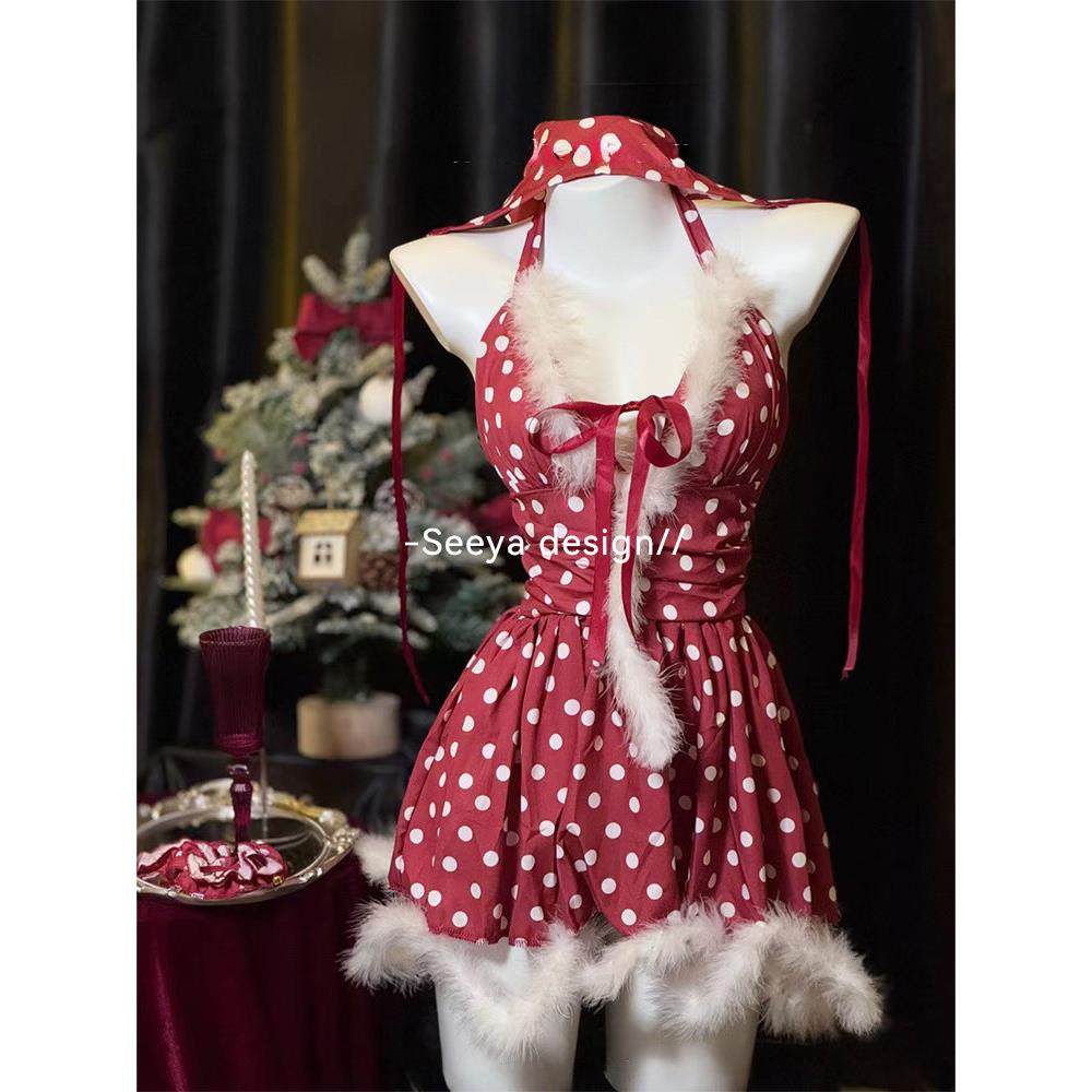 圣诞节cos制服毛绒边波点连衣裙冬季新款派对写真