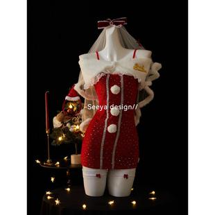 浪漫雪夜 一字肩纯欲性感红色圣诞跨年丝绒派对亮片冬季短裙