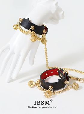 铃铛皮质手拷黑红柔软皮革手环脚铐魔术道具cosplay金属链可调节