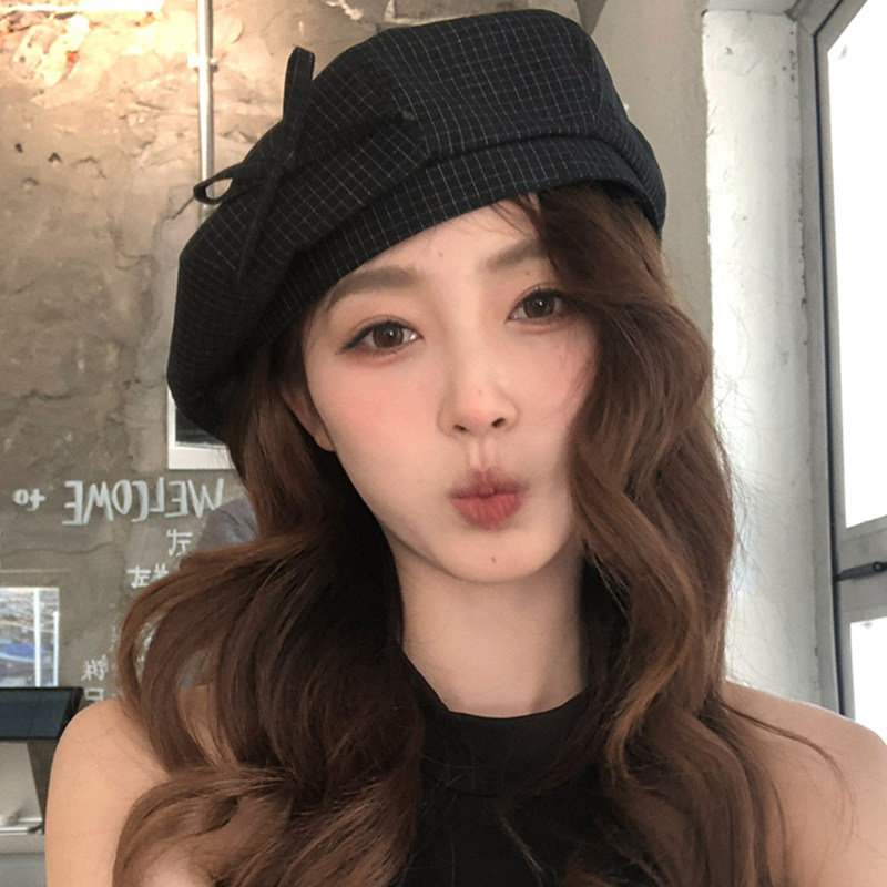 日系格纹蝴蝶结贝雷帽子女款2026新款春夏季文艺百搭画家帽显脸小