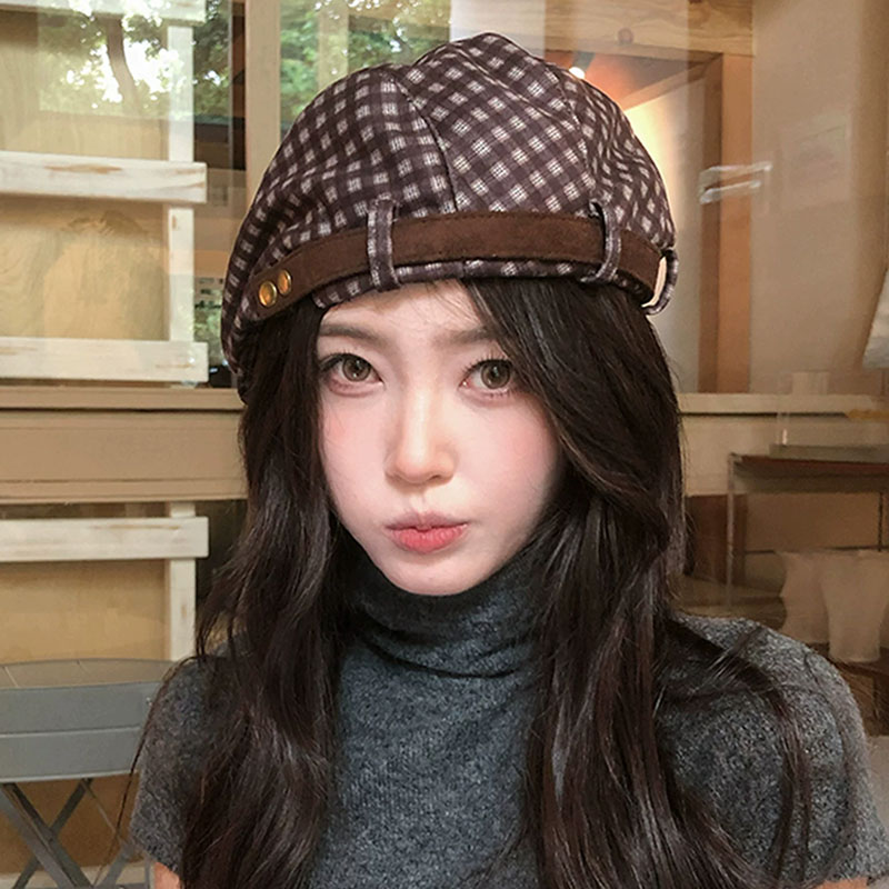 复古咖色格纹反戴贝雷帽女秋季老钱风时尚前进帽百搭休闲报童帽子