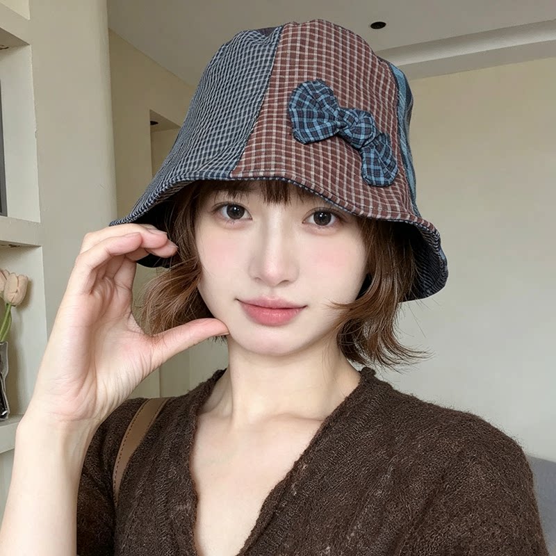 日系格纹蝴蝶结渔夫帽显脸小