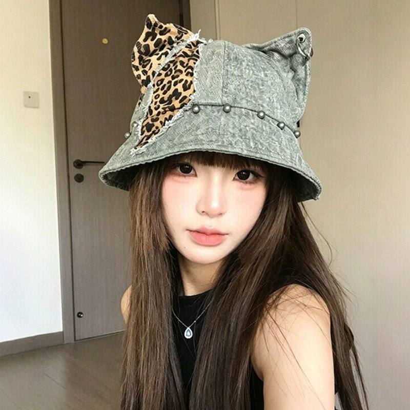 日系复古豹纹猫耳渔夫帽显脸小