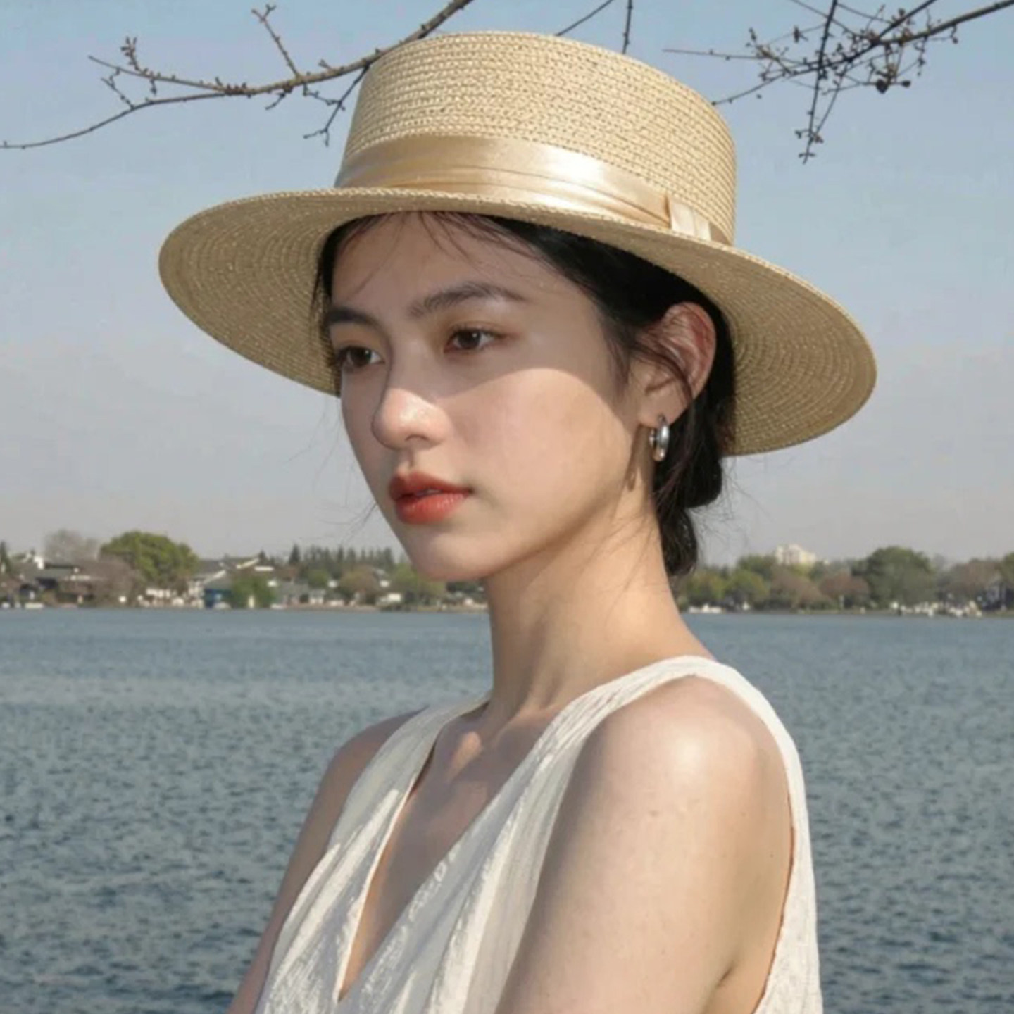 法式缎面宽檐平顶草帽女夏遮阳