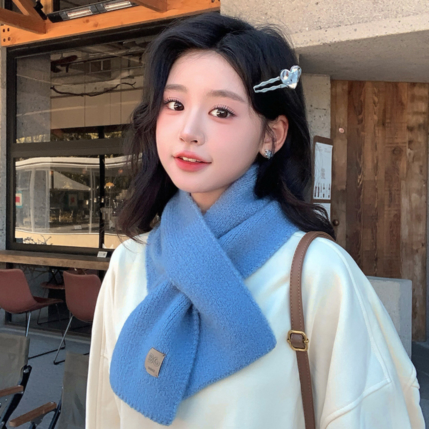韩系针织交叉短围巾女款秋冬保暖