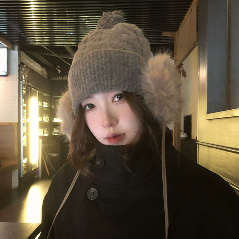 ins毛绒耳罩一体保暖针织帽女