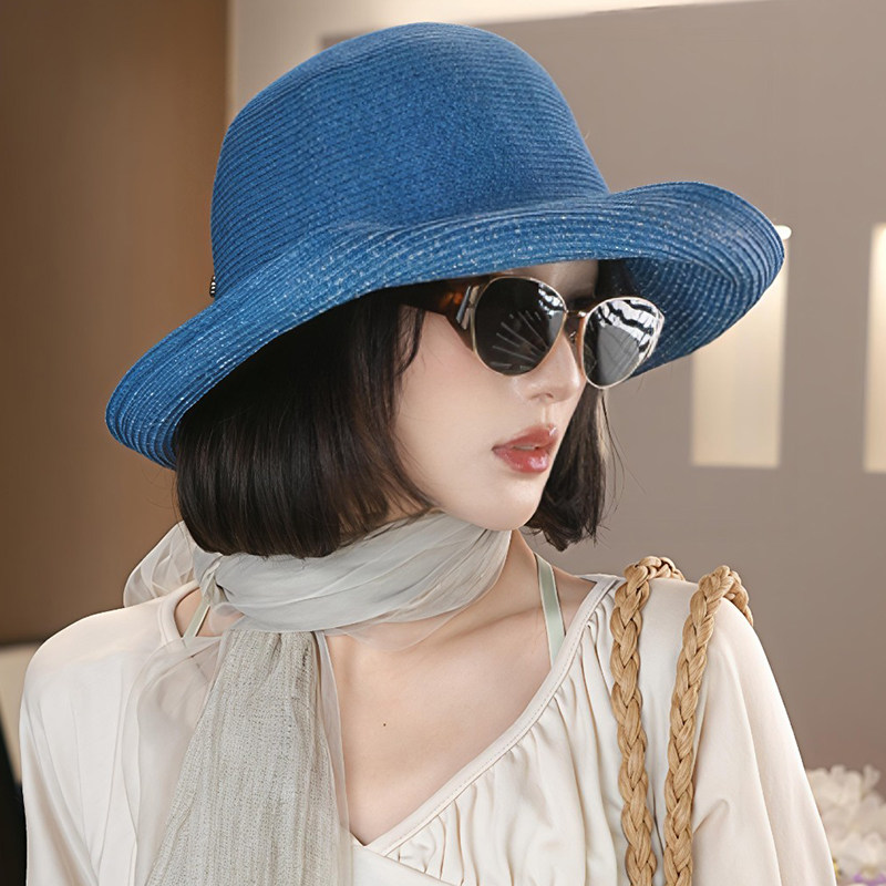 日系手工细草编织渔夫帽子女款夏季海边度假草帽可折叠遮阳防晒帽