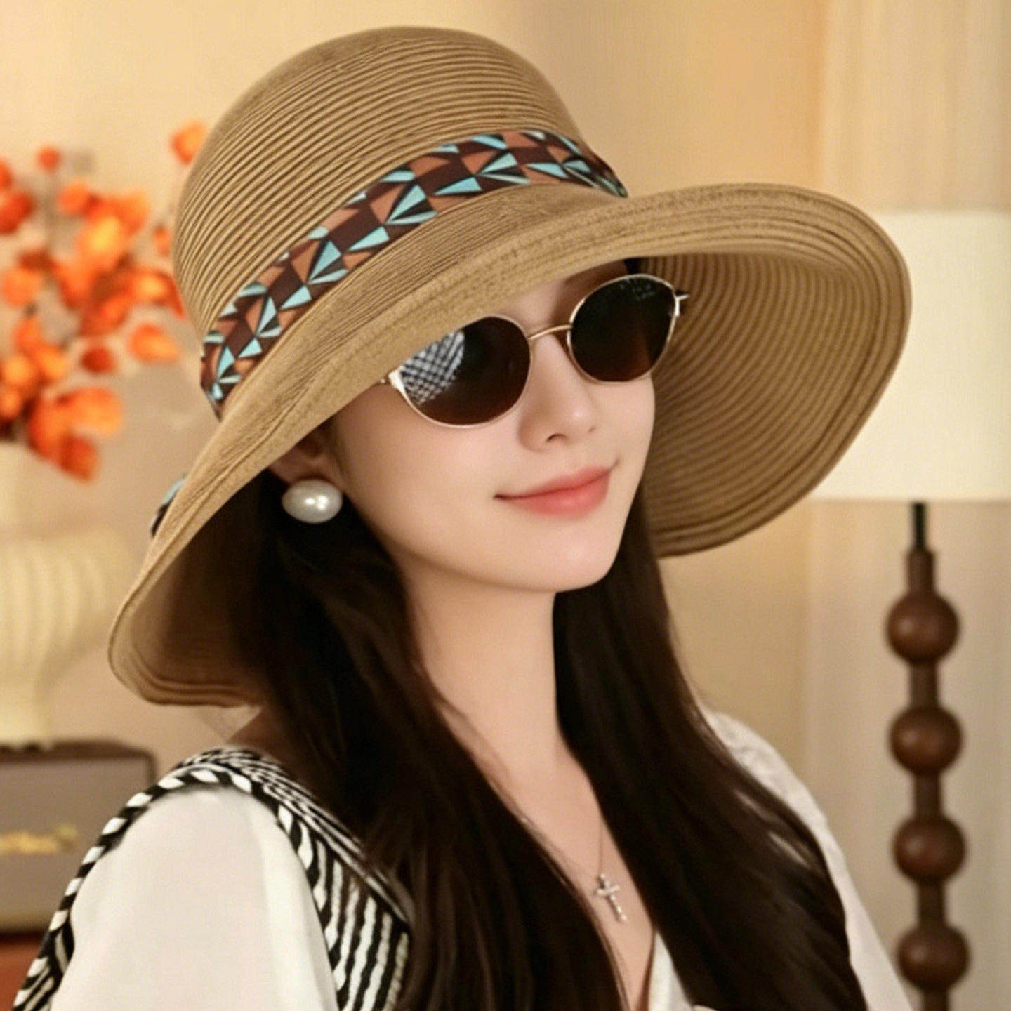 民族风飘带大檐防晒草编渔夫帽女