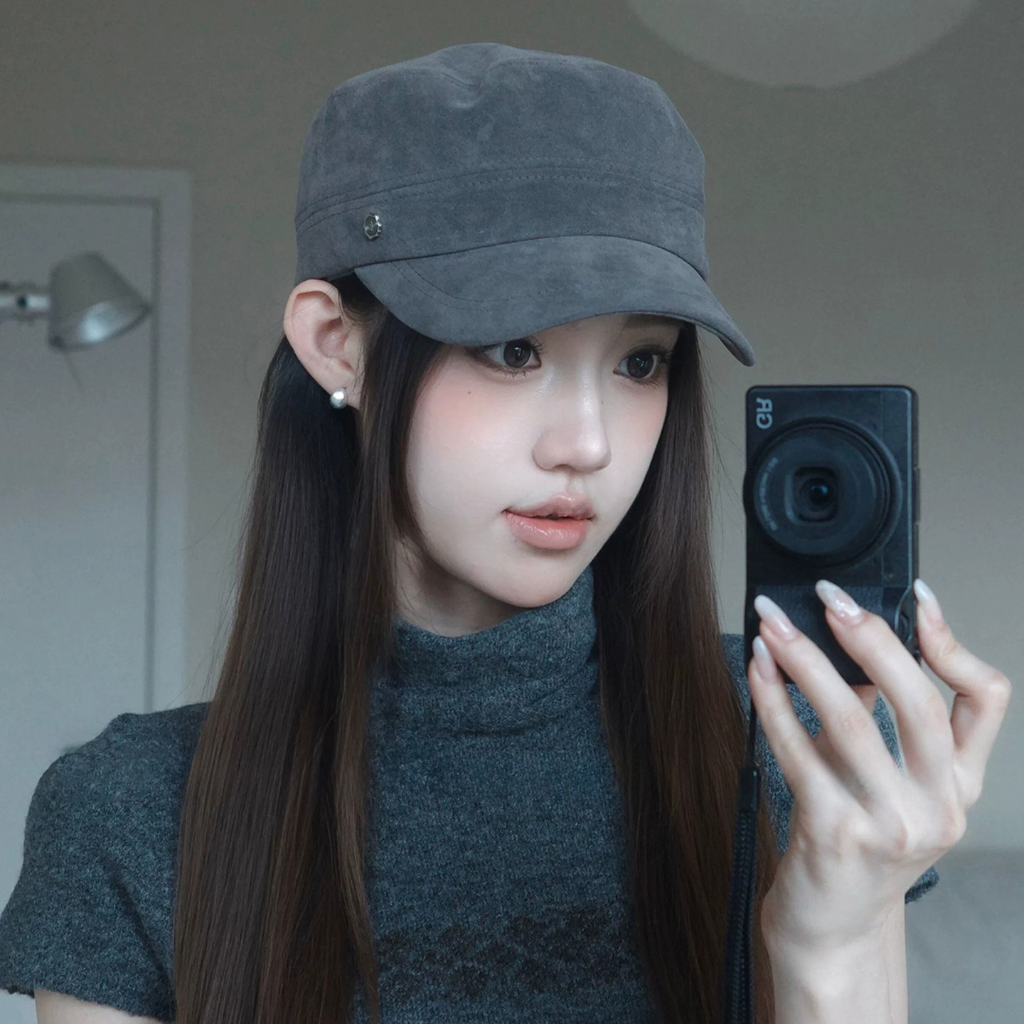 秋冬日系麂皮绒磨毛显脸小马术帽