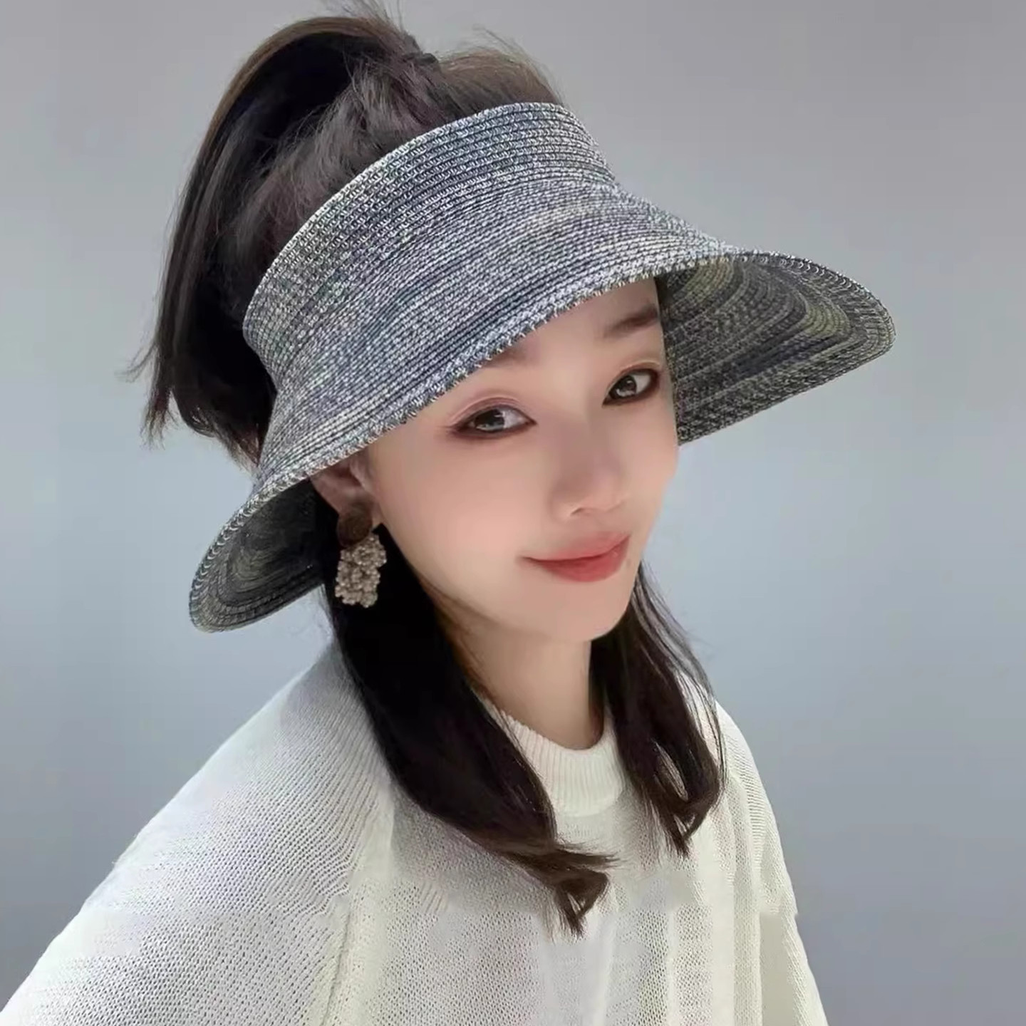 韩国定制渐变色空顶防晒帽子女款2026新款夏季大檐草编气质遮阳帽