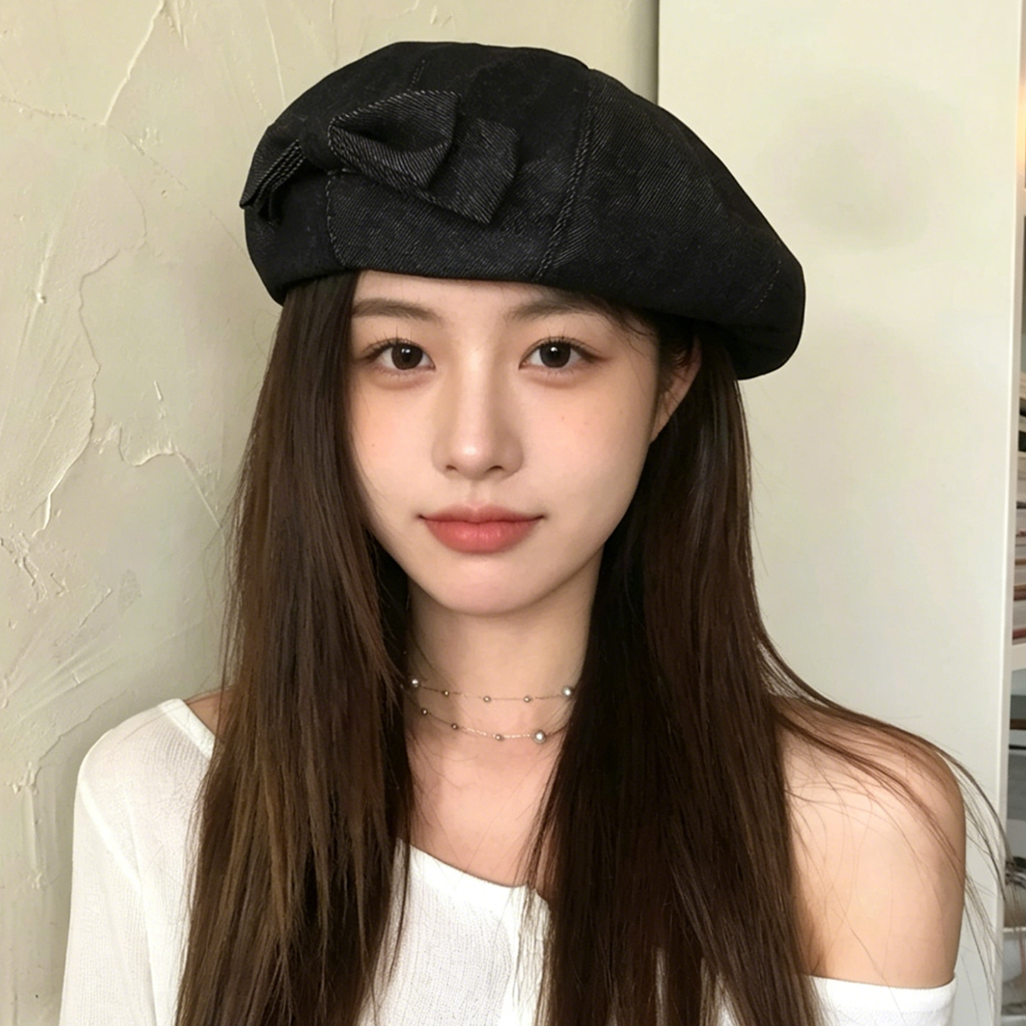 日系牛仔蝴蝶结显脸小贝雷帽女
