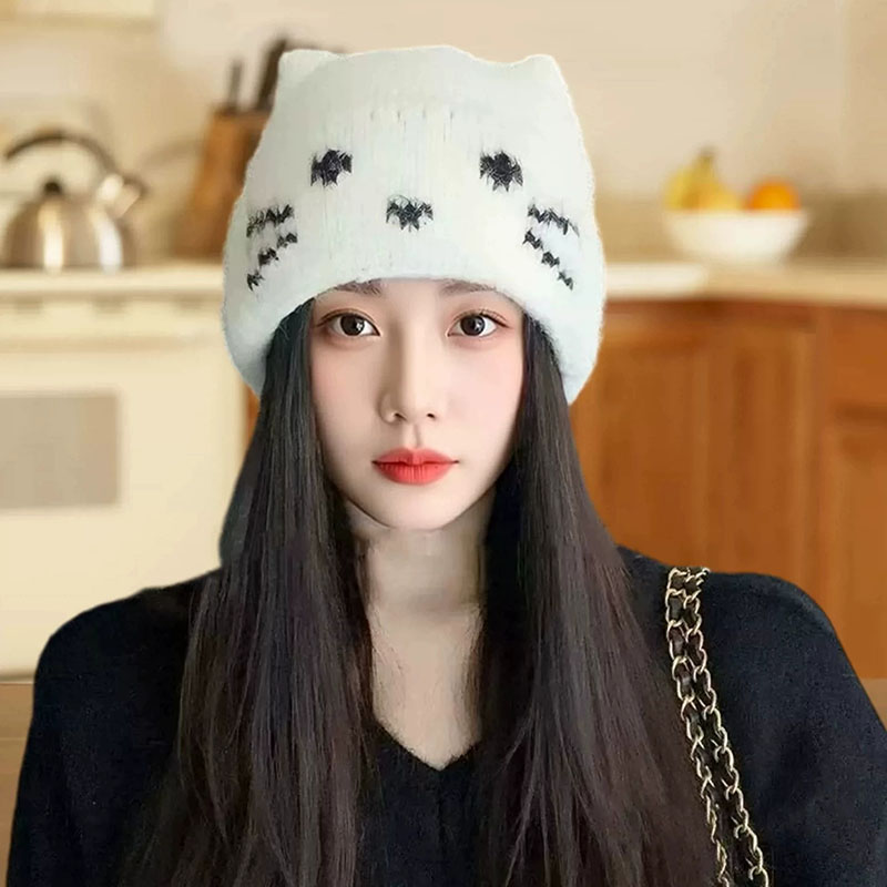 日系猫咪针织保暖护耳帽女大头围