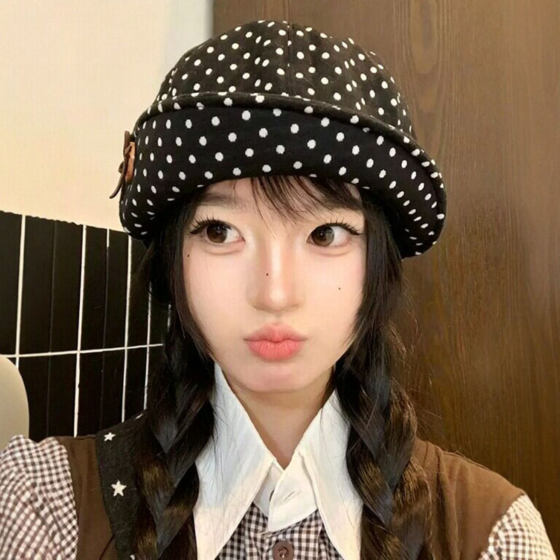 日系文艺波点软檐贝雷帽女秋季宽檐显脸小八角帽百搭休闲画家帽子