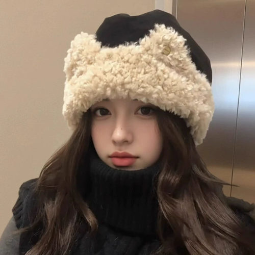 日系猫耳毛绒渔夫帽女保暖防风