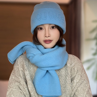 氛围感蓝色纯羊毛针织帽子女士冬季出游高级感保暖防风护耳毛线帽