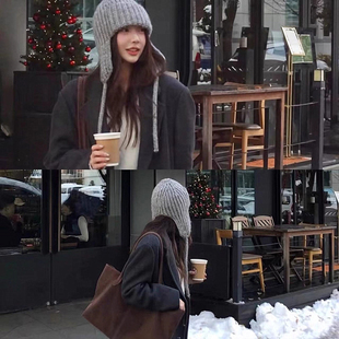 柳智敏同款纯色针织护耳帽子女冬季保暖百搭大头围雷锋帽包头帽潮