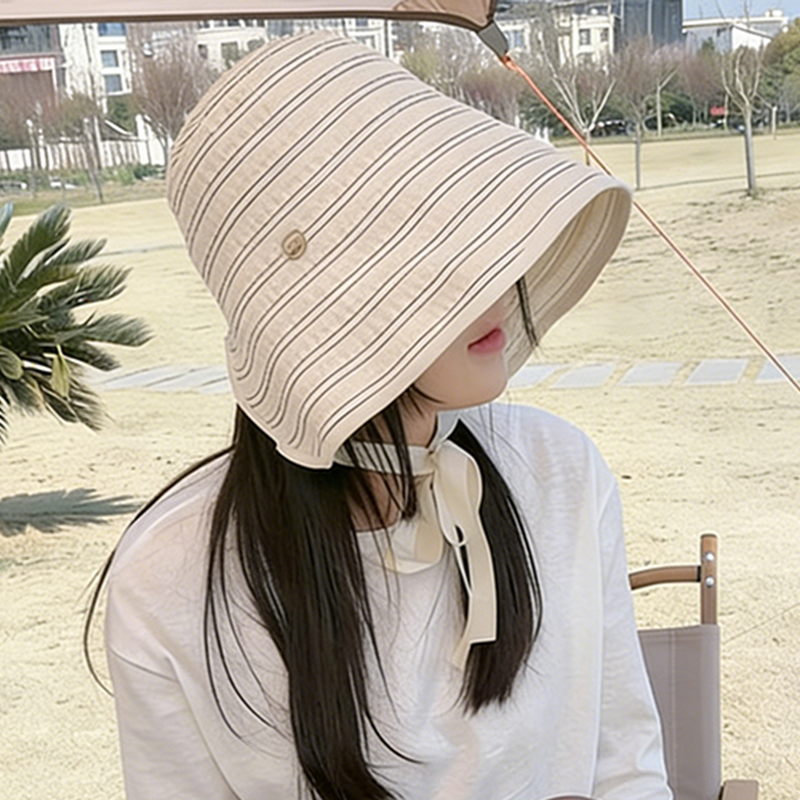 日系复古条纹渔夫帽子女款夏季户外大檐遮阳防晒帽百搭新款太阳帽